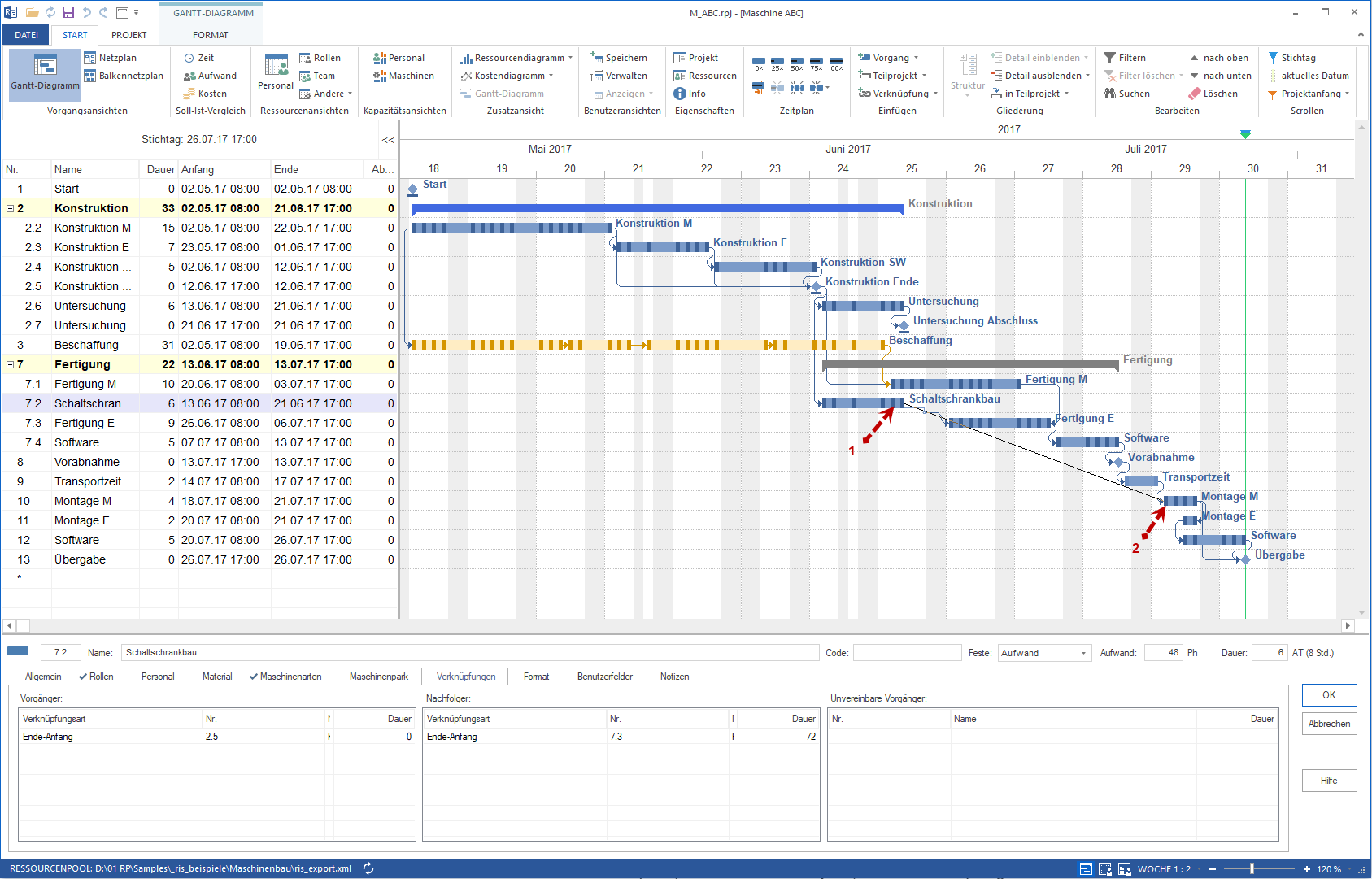 Gantt-Interaktionen Verknüpfung ziehen