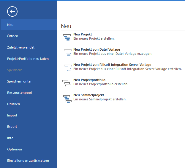 Menübefehle in Rillsoft Project