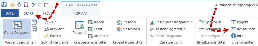 Ressourcenverwaltung ist im Menüband