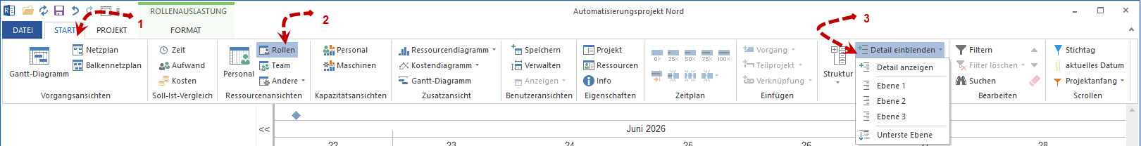 Detailgrad und Ein-/Ausblenden von Gliederungsebenen