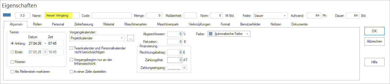 Vorgangsnamen in der Tabelle erfassen